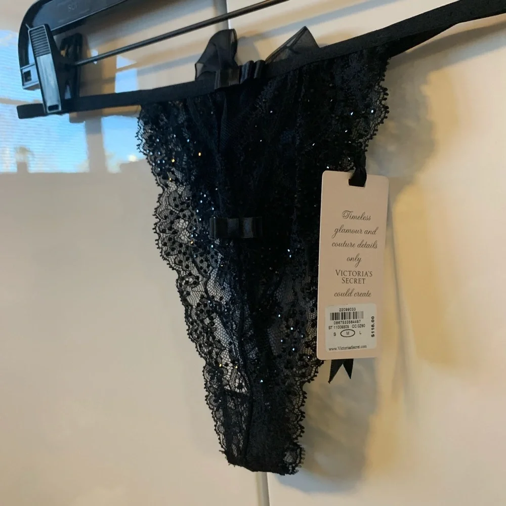 Victoria secret collection thong black Swarovsk crystal M G string designer